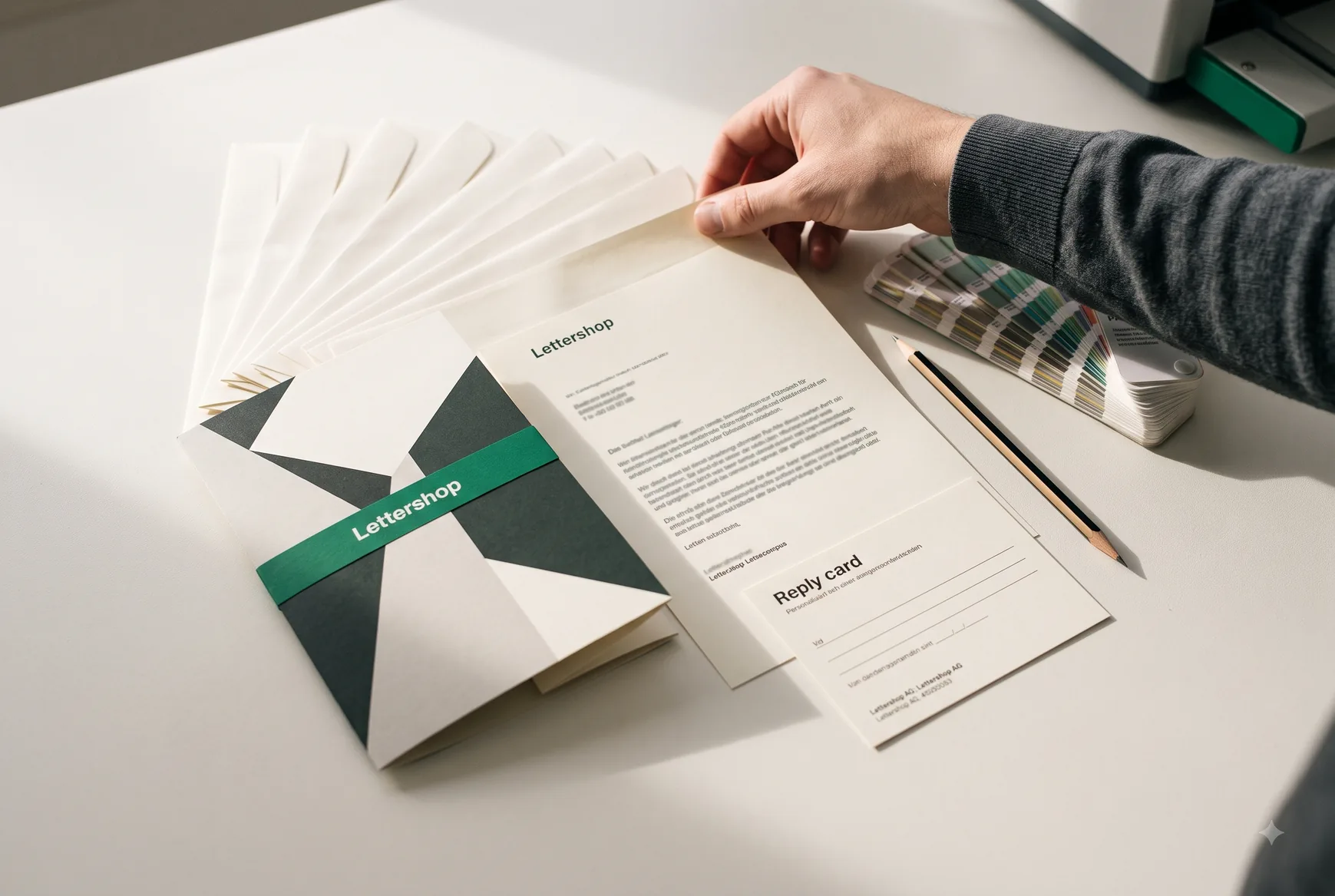 Mailing mit Papiermustern auf dem Gestaltungstisch